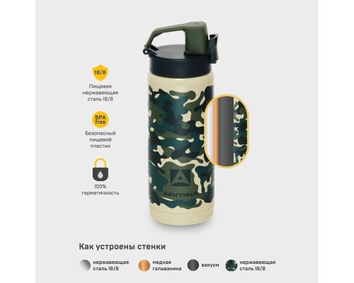 Термос-сититерм вакуумный, бытовой, тм "Арктика", 500 мл, арт. 702-500 классический камуфляж