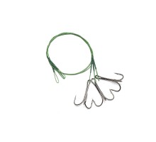 Поводок стальной NAMAZU Leader 1х7 Nylon Coated Green, d-0,42 мм, L-30 см, с тройным крючком 35647 Round Bent Treble № 1, test- 23 кг (уп. 3 шт.)